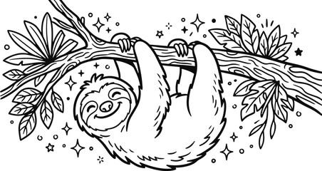 Obraz premium Sloth hanging coloring page for kids book relaxing animal illustration