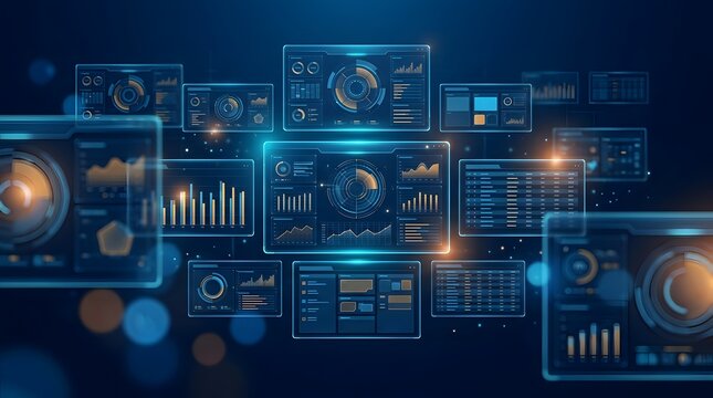 Futuristic HUD interface with interactive data visualization circular charts and glowing analytical dashboards.