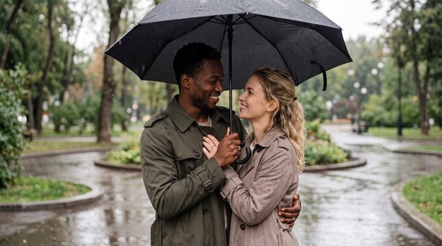 Romantic multiethnic couple in trench coats sharing an umbrella while walking in a rainy park during autumn