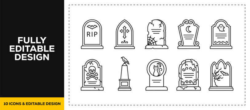 flat vector illustration line art icon bundle set design illustrating scary halloween gravestones cemetery tombstones death monuments and spooky graveyard graphics UI app