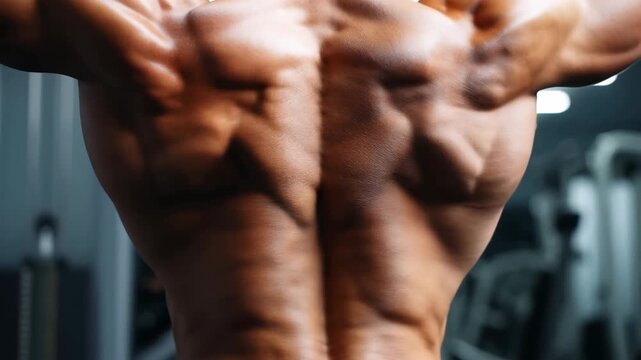 Rear view of muscular male upper back and shoulders, arms raised to reveal pronounced trapezius, latissimus, deltoid, and scapular definition in strong fitness pose