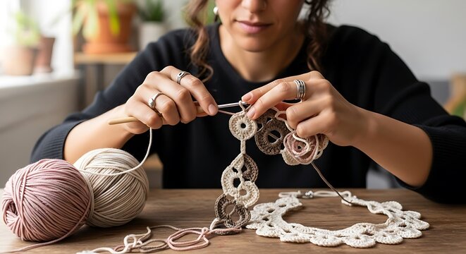 Woman in sweater handcrafting ceramic jewelry piece.