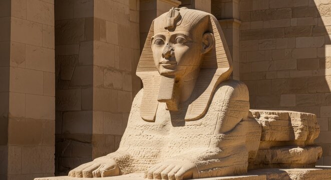 Ancient Egyptian Sphinx Statue in Historical Setting.