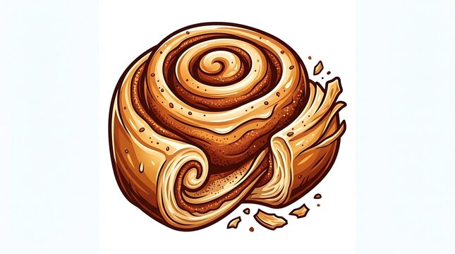 Golden cinnamon roll with sweet swirl on white background