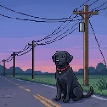 Black Labrador Sitting Near Power Lines at Sunset, Pixel Art Illustration