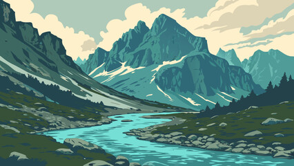 Mountain valley with a flowing river under a cloudy sky mountain landscape © Ani