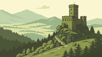 Medieval stone castle on mountain cliffside with fortress mountain landscape © Ani