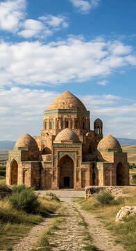 Ancient Brick Mausoleum with Domed Roofs in Rural Landscape.