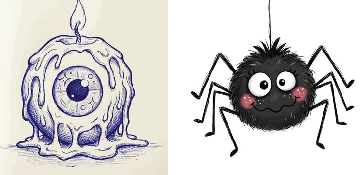 A hand-drawn clipart set featuring a detailed blue ink sketch of a melting eyeball candle alongside a cute, fuzzy black spider hanging from a web thread.