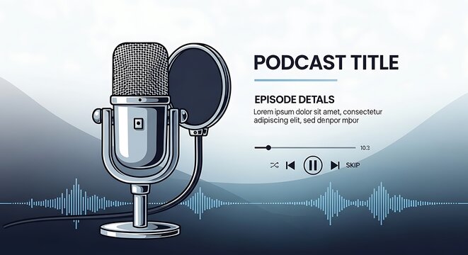 Podcast microphone with city skyline background.