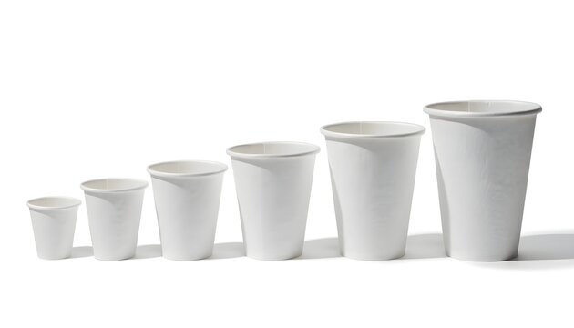 Set of empty disposable paper coffee cups in a row. Eco-friendly takeaway beverage containers for cafes and offices.