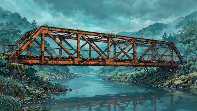 Anime style illustration, old rusty metal truss bridge crossing a calm clear blue mountain river, lush green dense forest scenery, misty distant hills under an overcast sky, beautiful