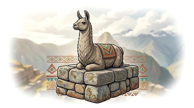 Llama sitting on carved stone blocks in a mountain landscape