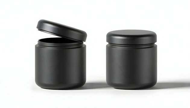 Empty black storage jar with screw-on lid. Minimalist cylindrical container for cosmetics, spices, or home organization.