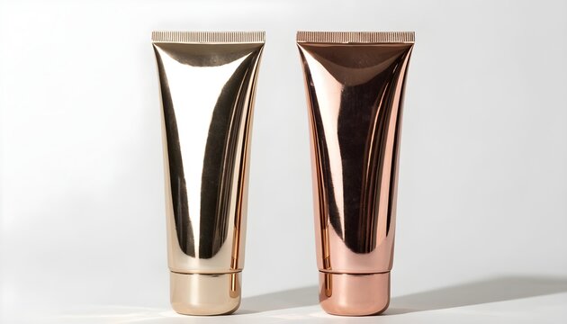 Empty luxury cosmetic squeeze tubes on white background. High-end skincare or makeup packaging design for branding and product development.
