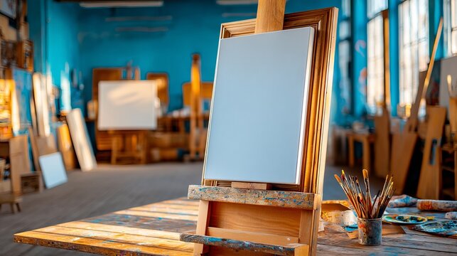 Blank canvas on wooden easel in bright artist studio with art supplies