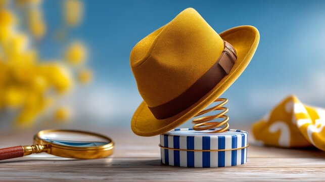 Yellow straw hat with brown band on spring coil over blue striped box
