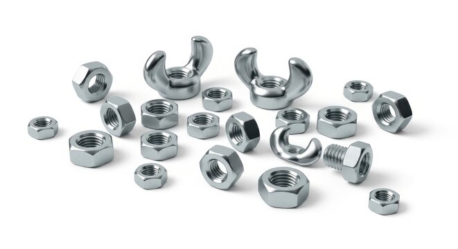Assorted Metal Nuts and Bolts on White Background.