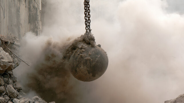 A wrecking ball swings into a building, breaking down the structure. Dust and debris fill the air at the demolition site during daytime hours