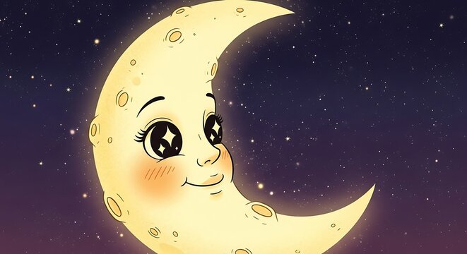 Cute cartoon moon character with expressive eyes and smile.