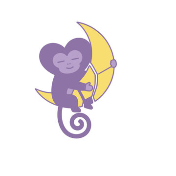 Purple monkey sitting on a yellow crescent moon