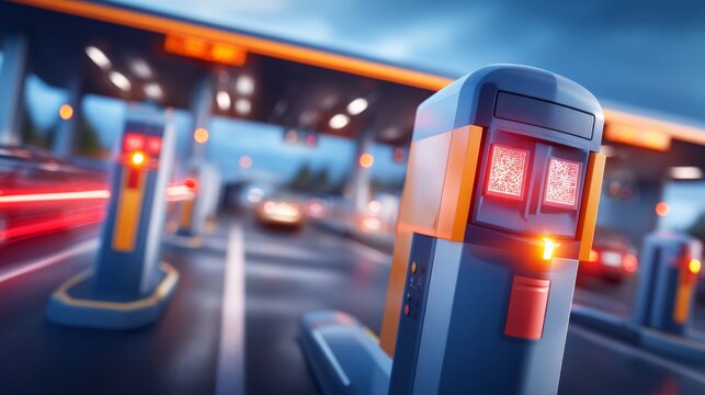 Automatic electronic toll gate with red lights on busy highway entrance