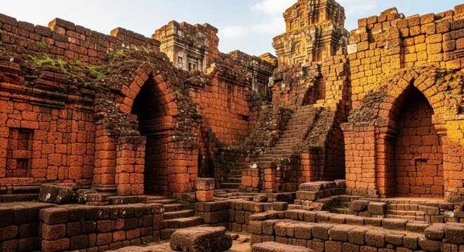 Ancient Brick Temple Ruins at Sunset Light.