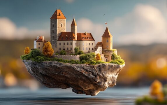 Floating medieval stone castle with towers and autumn trees on rock