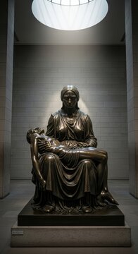 Ancient Bronze Statue of Seated Figure in Museum.