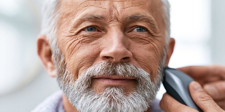 Senior man enjoying a professional beard trim and shave