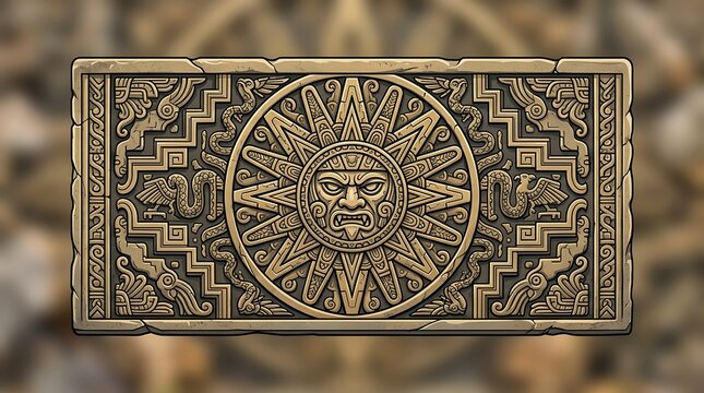 Ornate ancient stone relief carving of a sun god deity