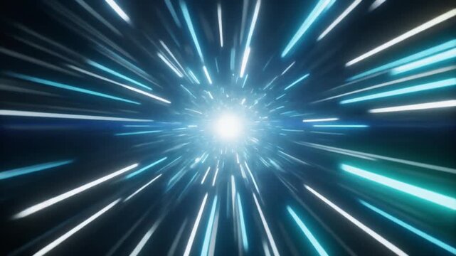 青とシアンの光で構成された未来的なサイバートンネル：高速インターネット通信のイメージ