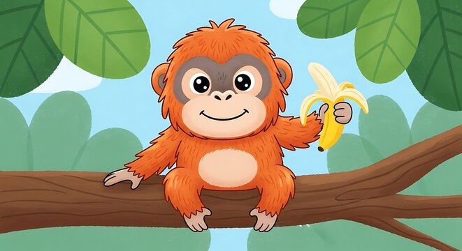 Smiling cartoon monkey holding a banana outdoors.