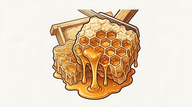 Fresh honeycomb with golden dripping honey on white background