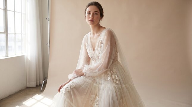 Studio portrait of a graceful young woman posing in an elegant sheer tulle wedding gown with floral embroidery against a beige backdrop.
