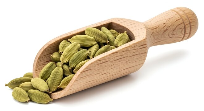 Wooden scoop with green cardamom pods spilling onto white background.
