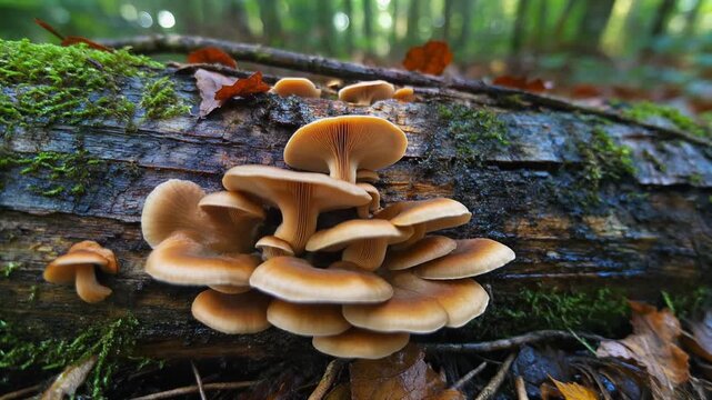 苔に覆われた朽ち木の根元で大きなキノコが幾重ものひだを広げ湿った落ち葉と木漏れ日に包まれて育つ場面