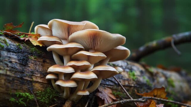 マイタケが朽ち木の根元で波打つ傘を幾重にも広げ淡いクリーム色と茶色のひだが深い緑の森に映える場面