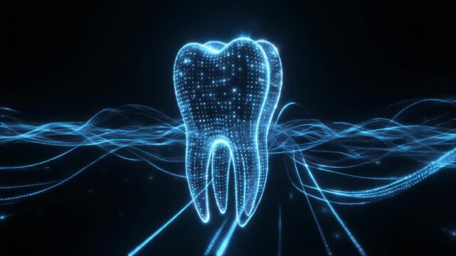 粒子と光の軌跡で構成された未来的な歯のエネルギーホログラム：次世代スマートヘルスケア