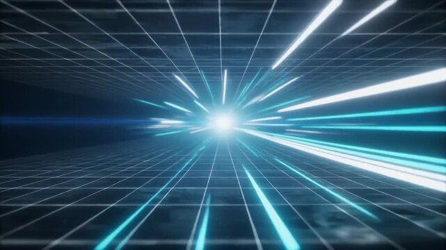 幾何学的なグリッドと光の軌跡が交差する未来のデジタル空間：ITネットワークとDXイメージ