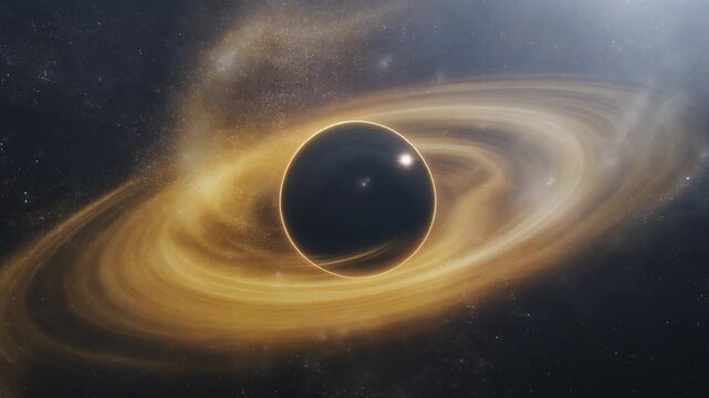 広大な宇宙の中心で黄金色の降着円盤が渦巻き漆黒のブラックホールと星屑とガスの光を強く歪ませる