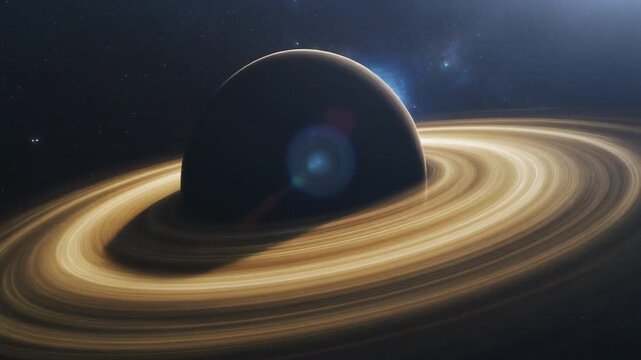 漆黒のブラックホールを薄い黄金色の降着円盤が高速回転し重力で湾曲する光の奥に青い星雲が広がる