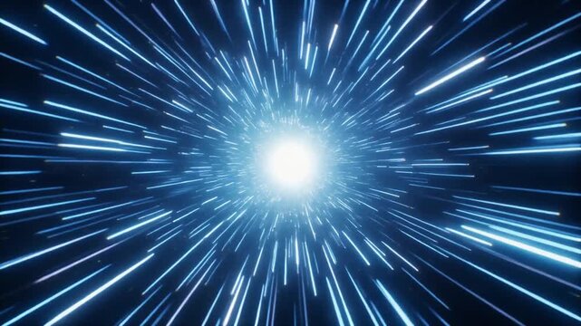 光る青い軌跡で作られた未来的なハイパースペーストンネル：ワープスピードとデータ通信