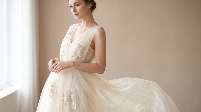 Side view profile of a graceful woman in a flowing sheer wedding dress with embroidered flower patterns captured in motion.