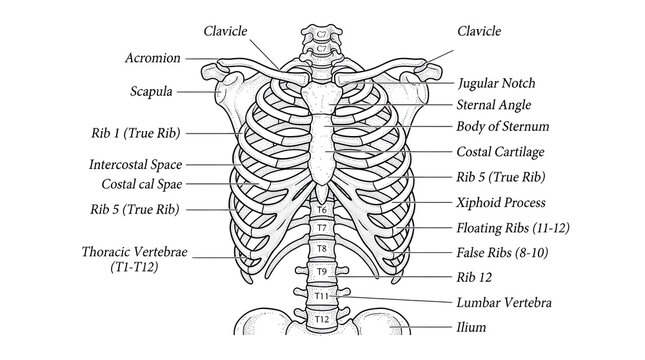 Detailed Anatomical Diagram of the Human Thoracic Cage and Rib Cage with Skeletal Labels