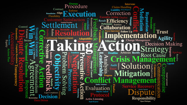 Taking Action Word Cloud. Comprehensive Overview of Conflict Resolution, Corrective Actions, Strategic Negotiation, Risk Mitigation, and Operational Frameworks for Business Dispute Settling.