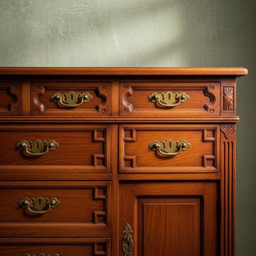 Antique Wooden Sideboard with Ornate Brass Handles.