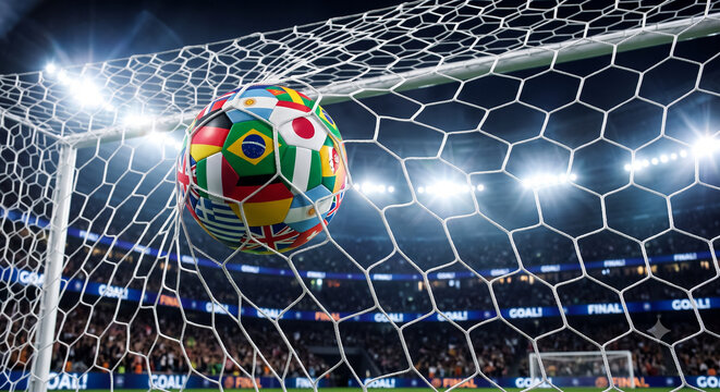 Soccer ball with world flags in a goal net at a stadium