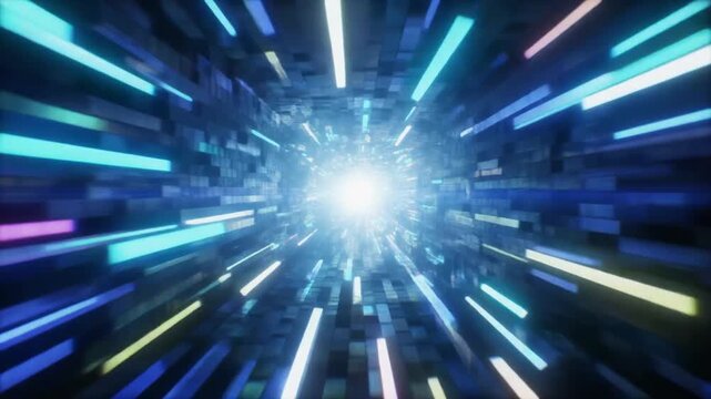 ピクセル化されたコバルトとシアンの光の軌跡が流れるSF風の背景：デジタルトランスフォーメーション