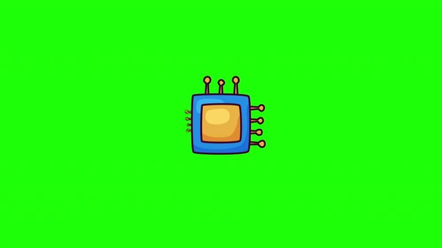 Animated CPU processor chip doodle icon, hand-drawn flat vector line art with wiggle effect, looping motion graphic for technology and computing design